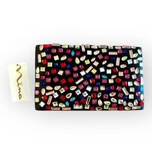 NWT Nina Rhinestone and Satin Clutch Handbag